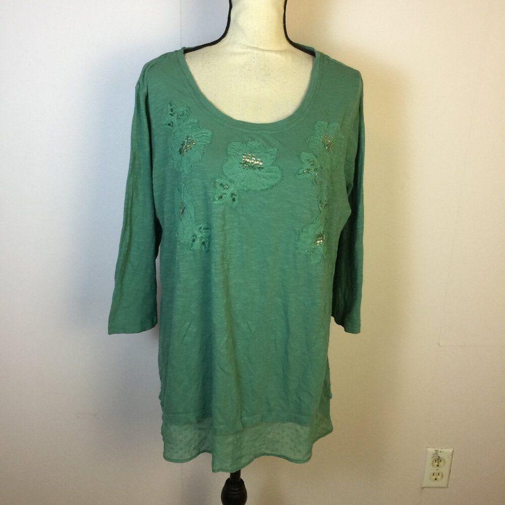 LOGO Lori Goldstein Blouse Tunic Top XL Womans Green Applique Raw Edge Chiffon